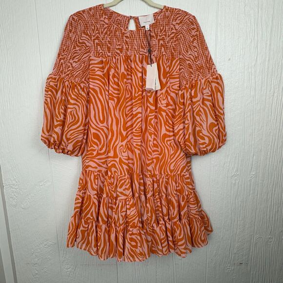 Cinq a Sept Billowed Sleeve Rika Dress Size 6 Orange Pink Smocked Boatneck NWT - Picture 4 of 14